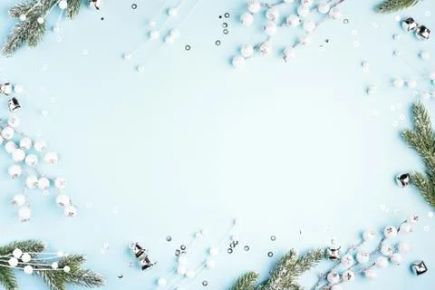 Christmas composition on blue background. Stock Photos