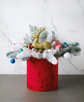 Christmas composition in box with spruce Stock Photos