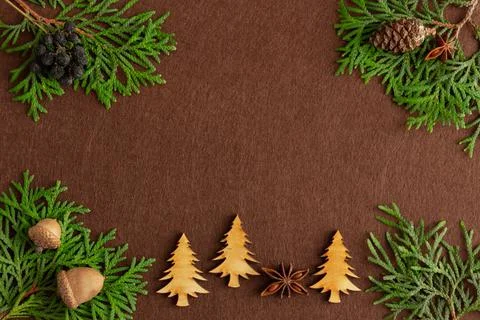 Christmas composition on brown felt background, copy space Stock Photos