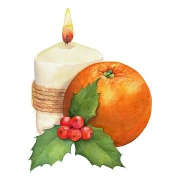 Christmas composition: candle, orange and a sprig of mistletoe. Stock Illustration