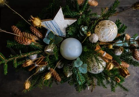Christmas composition with candle Stock-Fotos
