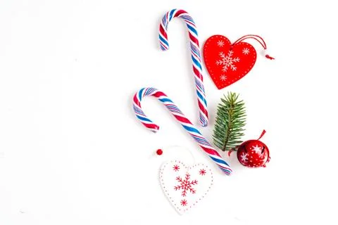 Christmas composition with christmas candy, tree branches and holiday ornamen Stock-Fotos