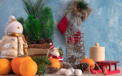 Christmas composition of Christmas objects with a Christmas tree and a snowma Stock Photos