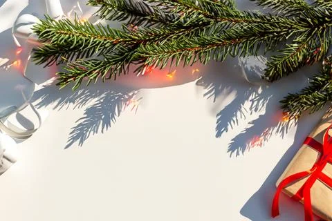 Christmas composition of Christmas tree branches, balls, gifts. Place for a.. Stock Photos