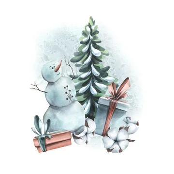 Christmas composition with a Christmas tree, a snowman and gifts on an icy Stock Illustration