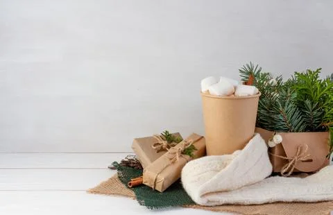 Christmas composition, cocoa with marshmallows on a white background, copy space Stock Photos