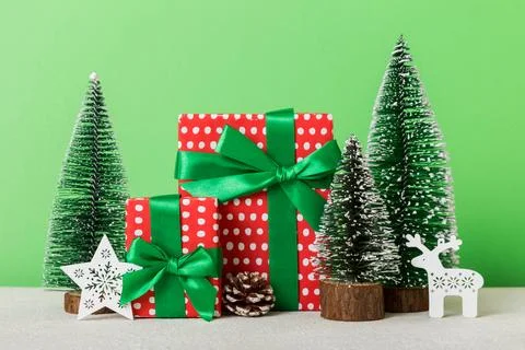 Christmas composition. craft Gift box, small tree, branches and craft DIY dec Stock Photos