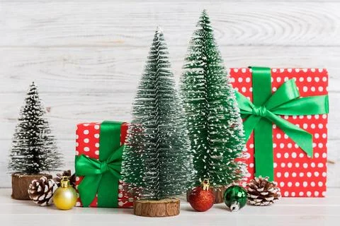 Christmas composition. craft Gift box, small tree, branches and craft DIY dec Stock Photos
