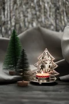 Christmas composition with decorations and candlestick. Holiday background Stock Photos