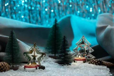 Christmas composition with decorations and candlestick. Holiday background Stock Photos