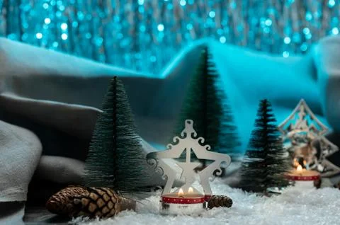 Christmas composition with decorations and candlestick. Holiday background Stock Photos