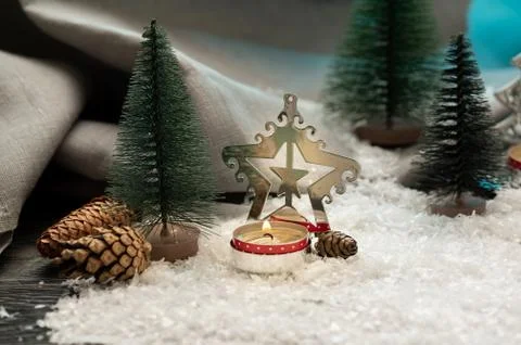 Christmas composition with decorations and candlestick. Holiday background Stock Photos