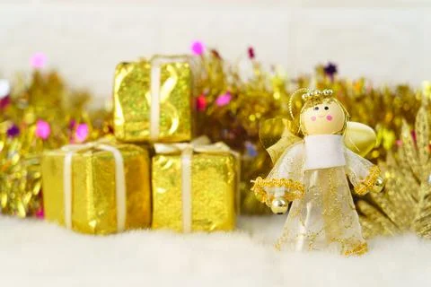 Christmas composition with decorations on white Stock Photos