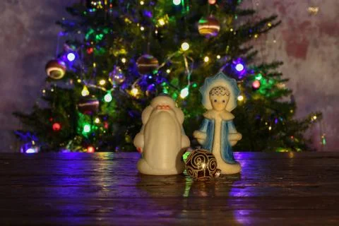 Christmas composition with dressed Christmas tree in the background Stock Photos