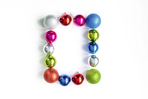 Christmas composition with empty frame of colorful balls ornament, new year.. Stock Photos