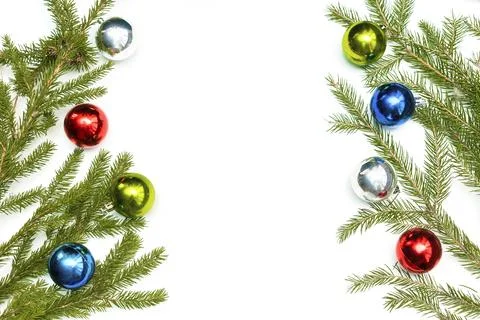 Christmas composition with empty frame of colorful balls and fir-tree branc.. Stock Photos