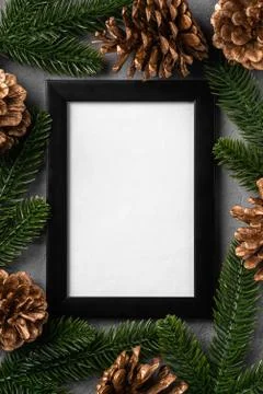 Christmas composition with empty picture frame. Golden ornament, pine cones Stock Photos