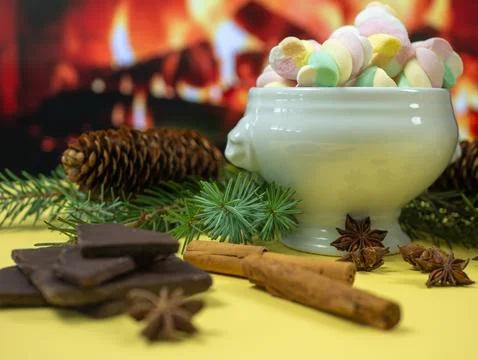 Christmas composition featuring bowl of marshmallow, chocolate pieces, cinn.. 写真素材