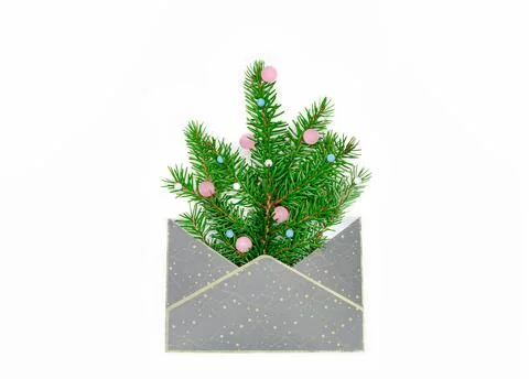 Christmas composition with fir branch, decorations and envelope, flat lay on Stock Photos