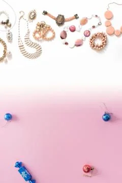 Christmas composition flat lay the balls jewelry necklace bracelet vintage pe Stock Photos