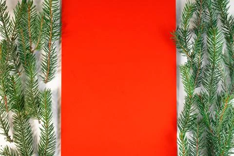 Christmas composition, flat lay. Blank red card, Christmas tree Stock Photos
