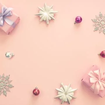 Christmas composition Flat lay boxes with gifts satin ribbon bow Christmas to Stock Photos