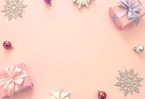 Christmas composition Flat lay boxes with gifts satin ribbon bow Christmas to Stock Photos