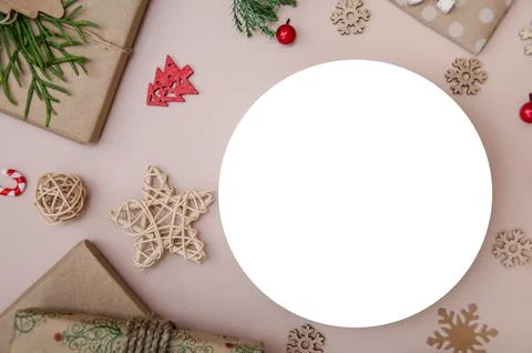 Christmas composition. Flat lay composition with Christmas decorations. Stock Photos