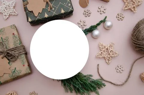 Christmas composition. Flat lay composition with Christmas decorations. Stock Photos