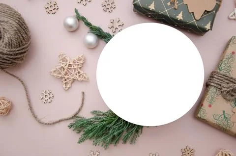 Christmas composition. Flat lay composition with Christmas decorations. 스톡 사진