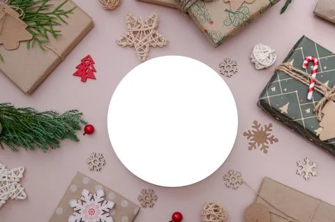 Christmas composition. Flat lay composition with Christmas decorations Stock Photos