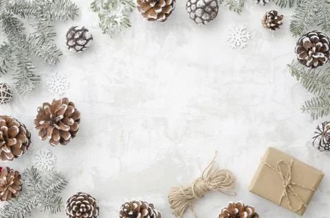 Christmas composition. Flat lay decoration frame made of fir branches, cones Stock Photos
