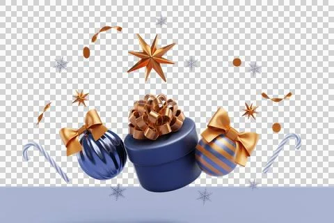 Christmas composition with a flying gift box and decorations with balls Illustrazione stock