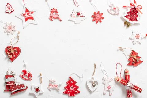 Christmas composition in the form of a frame with red and white Christmas tre Stock Photos