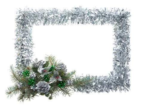 Christmas composition in form of silver frame over white background Stock Photos
