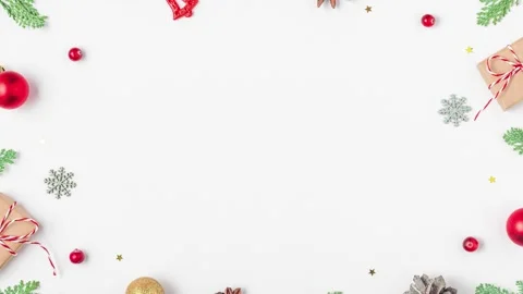 Christmas composition. Frame made of fir branches, gift boxes, golden and red Stock Footage 293565080