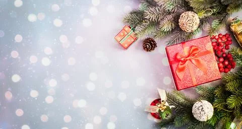 Christmas composition. Frame made of pine branches , Flat lay, top view, copy Stock Photos