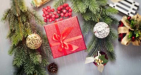 Christmas composition. Frame made of pine branches , Flat lay, top view, copy Stock Photos