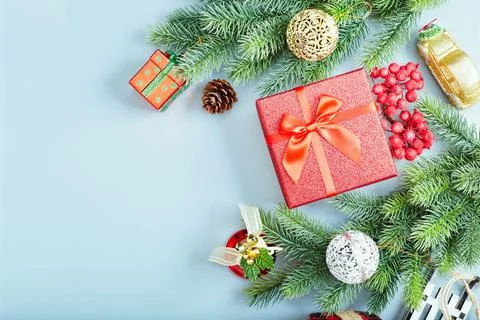 Christmas composition. Frame made of pine branches , Flat lay, top view, copy Stock Photos
