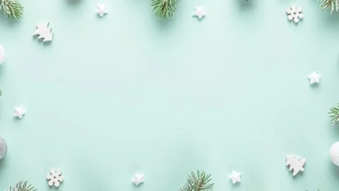Christmas composition. Frame made of snowy fir branches, decorations, pine cones Video stock 293565244
