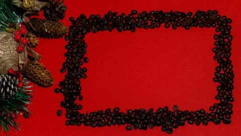 Christmas composition frame for text. Coffee beans 2021 on red background. Fl Stock Photos