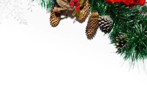 Christmas composition frame for text. Decorations on white background. Flat l Stock Photos
