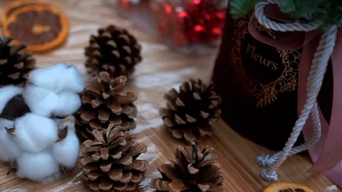 Christmas composition in gift box and handcrafted christmas decorations supply Stockbeeldmateriaal 89240510