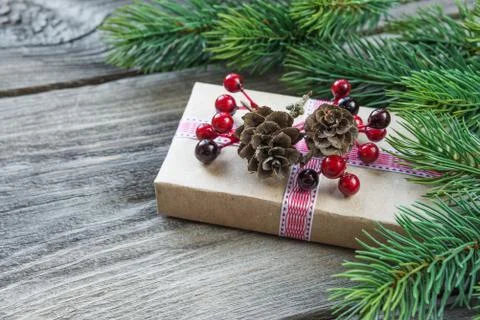 Christmas composition with gift box Stock Photos