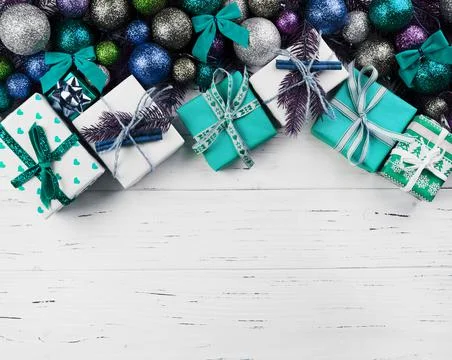Christmas composition of gift boxes and colourful baubles. High quality photo Stock Photos