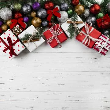 Christmas composition of gift boxes and baubles. High quality photo Stock Photos
