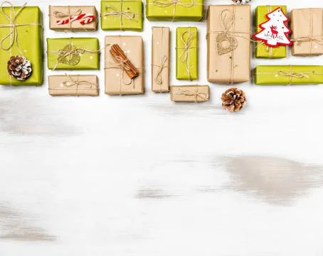 Christmas composition gift boxes with pine tree and decoration for mock up Stock Photos