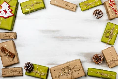 Christmas composition gift boxes with pine tree and decoration for mock up 写真素材