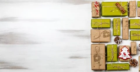 Christmas composition gift boxes with pine tree and decoration for mock up 写真素材