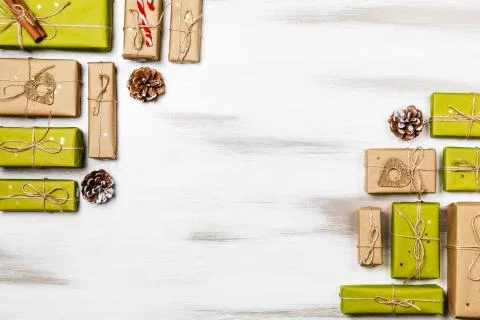 Christmas composition gift boxes with pine tree and decoration for mock up Fotos de archivo